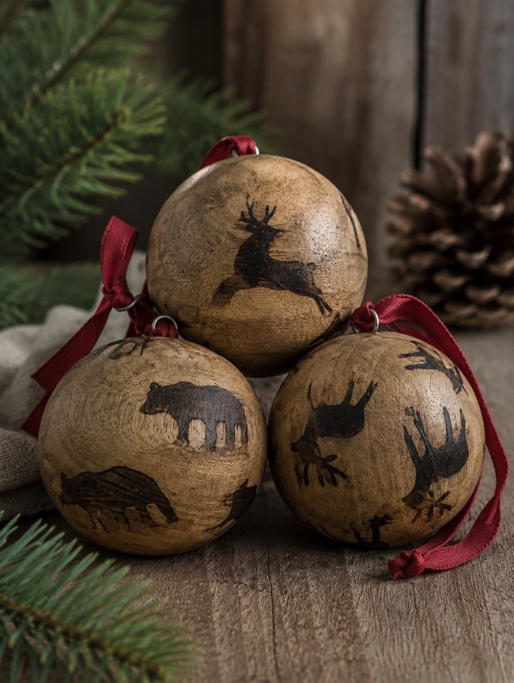 Rustic Woodland Deer Ornaments Set of 3  – Handcrafted Wood Burned Lodge Decor